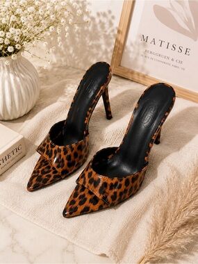 Leopard Print Pointed Toe Stiletto Mules - Brown